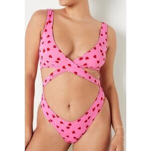 Victoria’s Secret One Piece L Pink Hearts Wrap Swimsuit Suni Cheeky